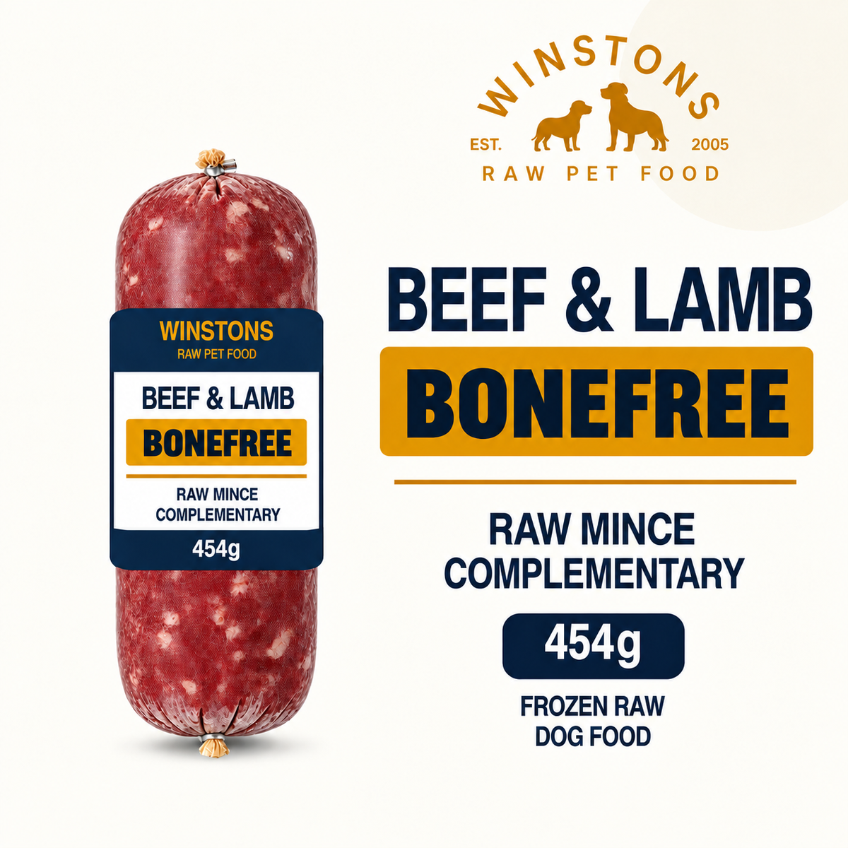 Winston's bonefree beef and lamb raw dog food 454g chubb illustration with prominent BONEFREE label