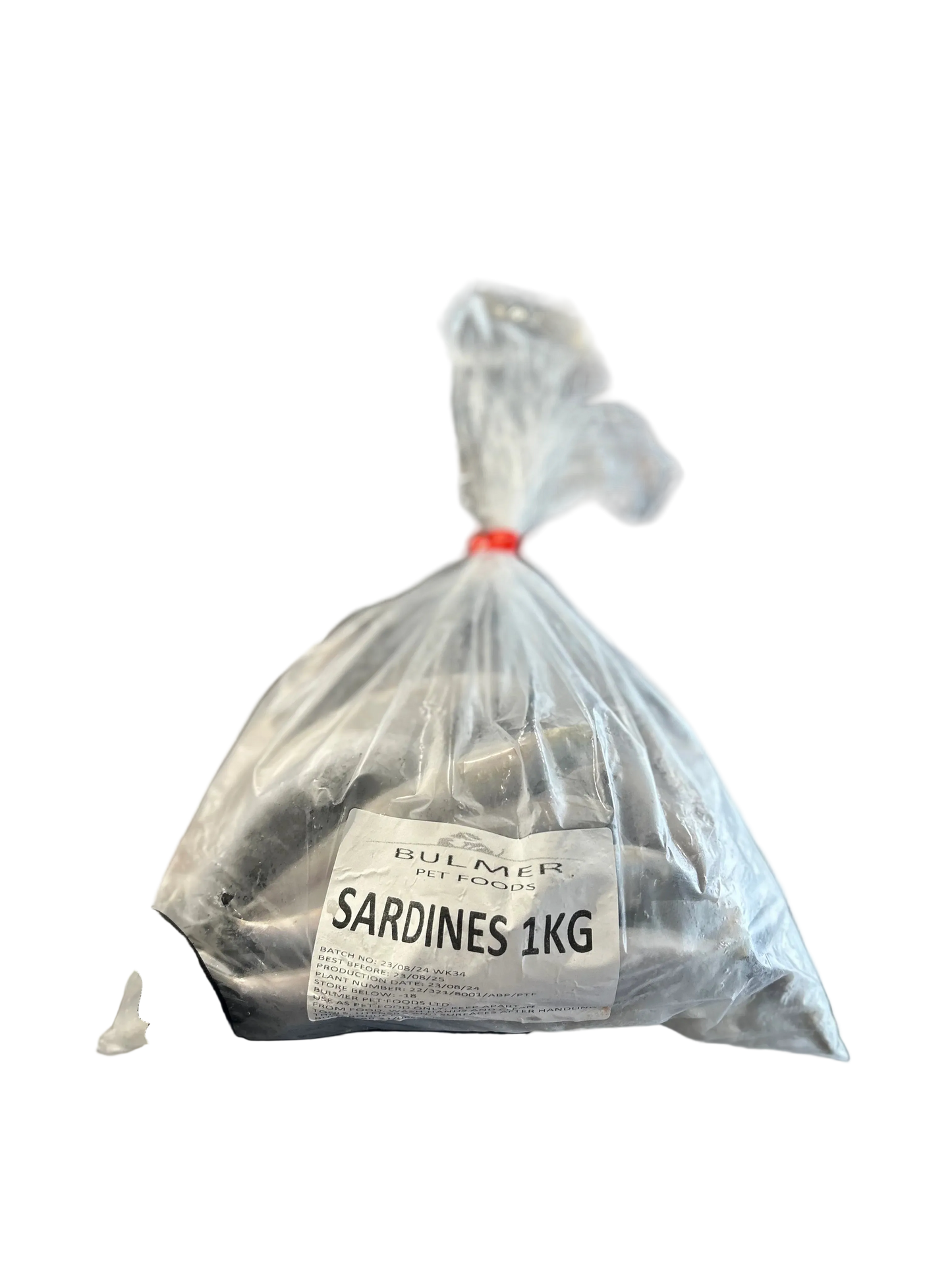 1kg of raw sardines in a clear plasic bag with a white label branded Bulmer