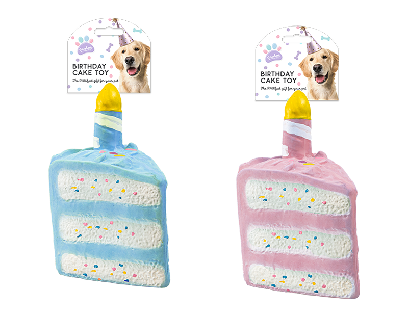 Rubber birthday cake squeaky dog toy in assorted pink and blue