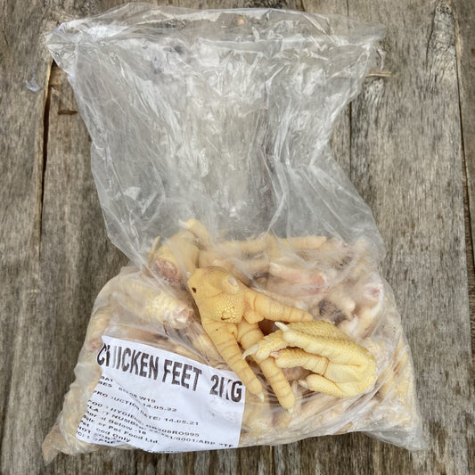 Bag of chicken feet with a label on: Chicken Feet 2kg