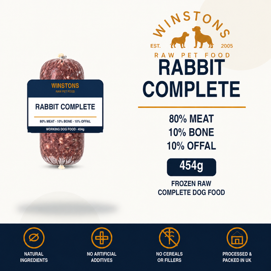 Winston's 80:10:10 Complete Rabbit Raw Mince 454g chubb showing dark rabbit meat
