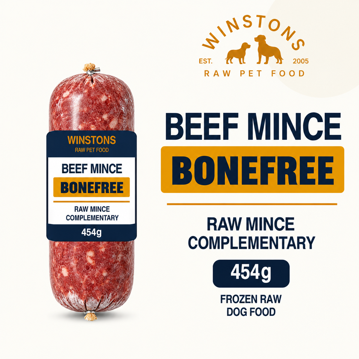 Winston's bonefree beef raw dog food 454g chubb illustration with prominent BONEFREE label