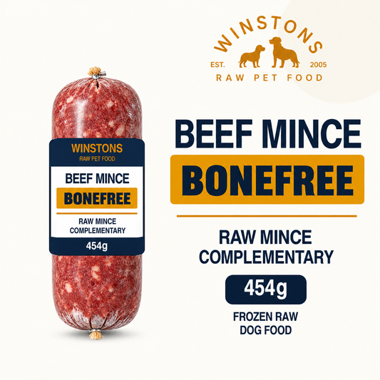 Winston's bonefree beef raw dog food 454g chubb illustration with prominent BONEFREE label