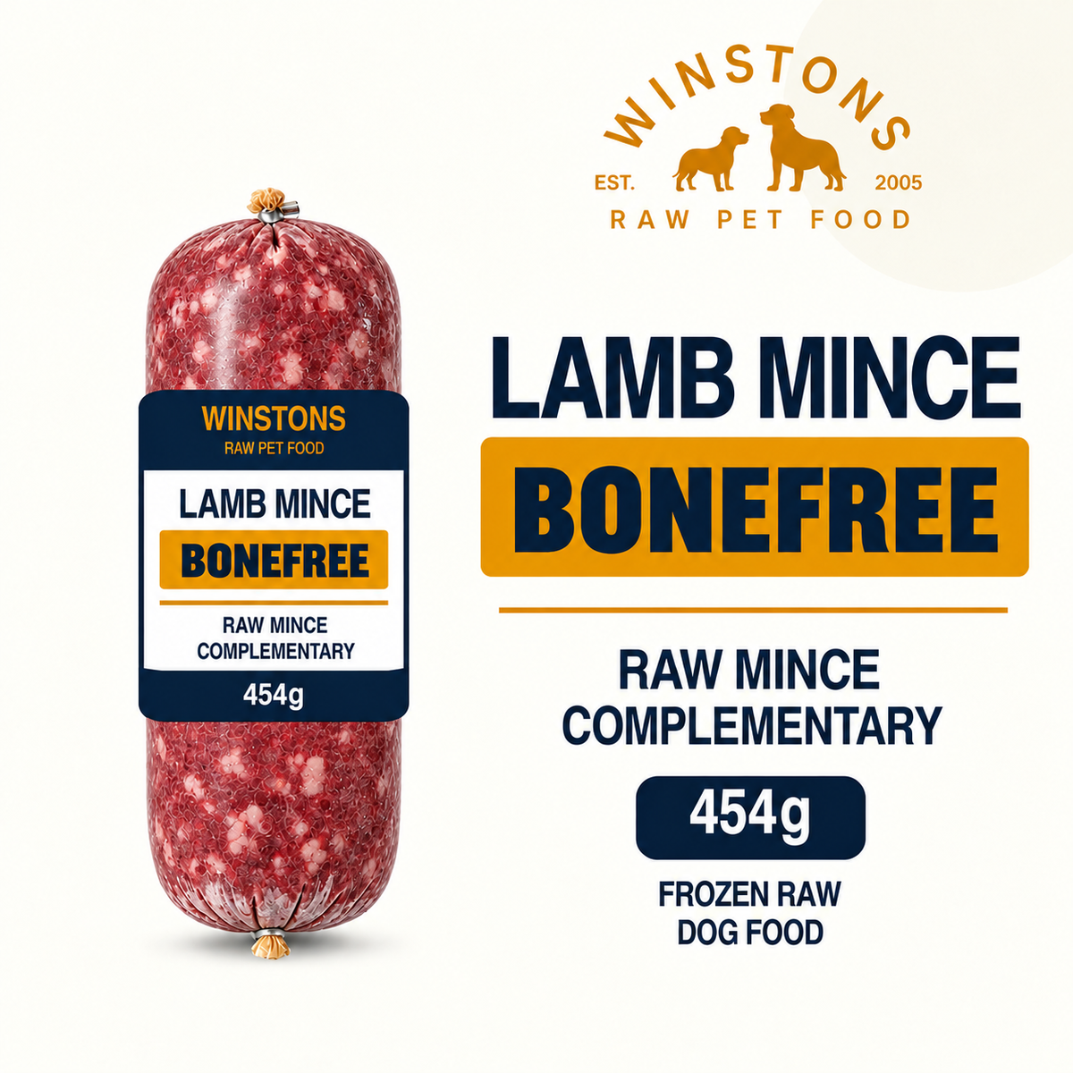 Winston's bonefree lamb raw dog food 454g chubb illustration with prominent BONEFREE label