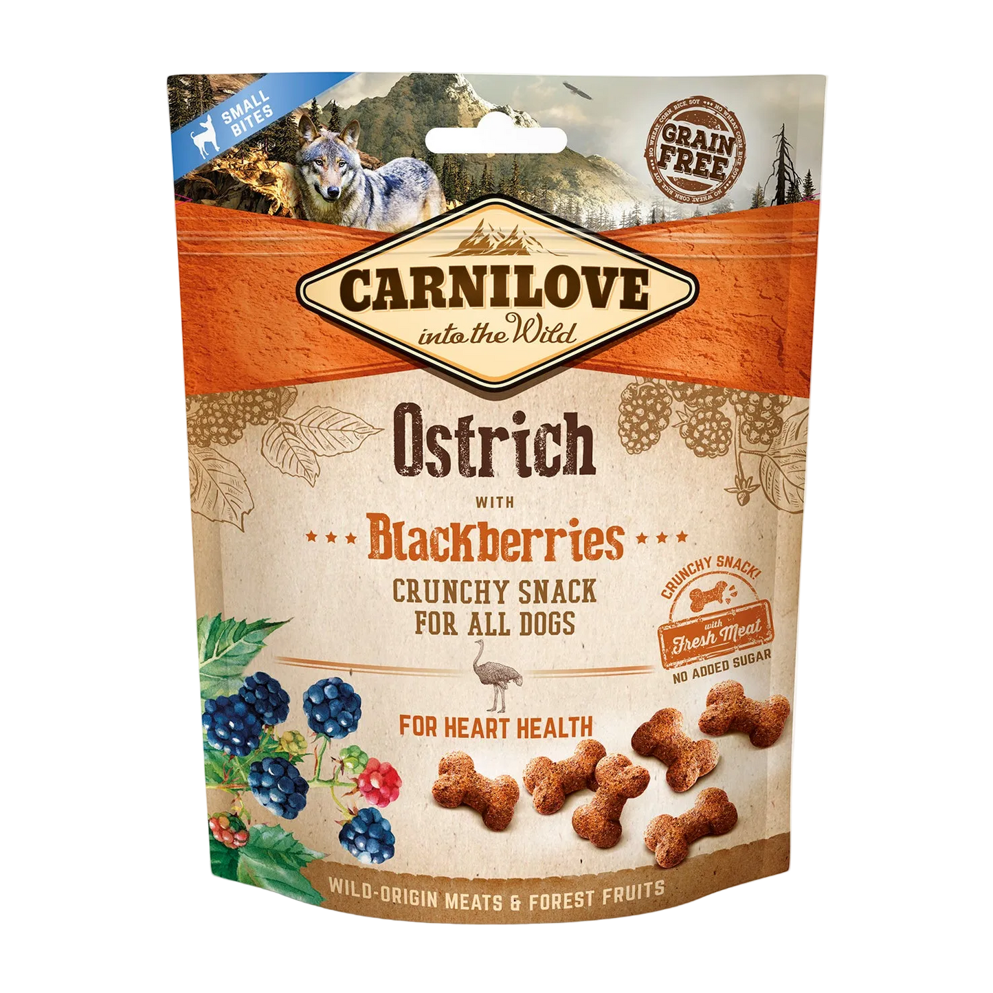Carnilove Ostrich with Blackberries crunchy snack packaging for dogs on a white background. packaging has a background of mountain and forest environment with an image of a wolf.