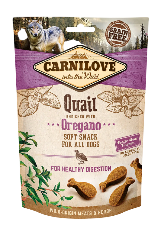 Carnilove quail dog snack package, including sketches on the packaging of Oregano leaves.