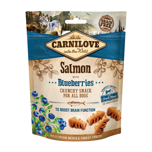 Carnilove dog snack package with salmon and blueberries