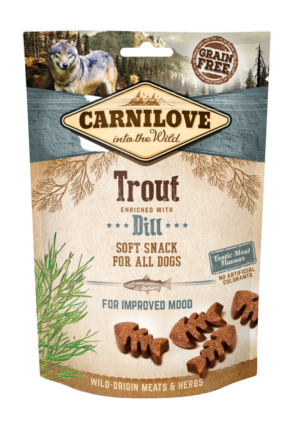 Carnilove dog snack package with a wolf illustration on a forest & mountain environment background