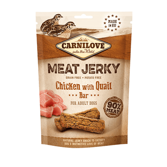 Carnilove Jerky Chicken with Quail Bar 100g front of pack