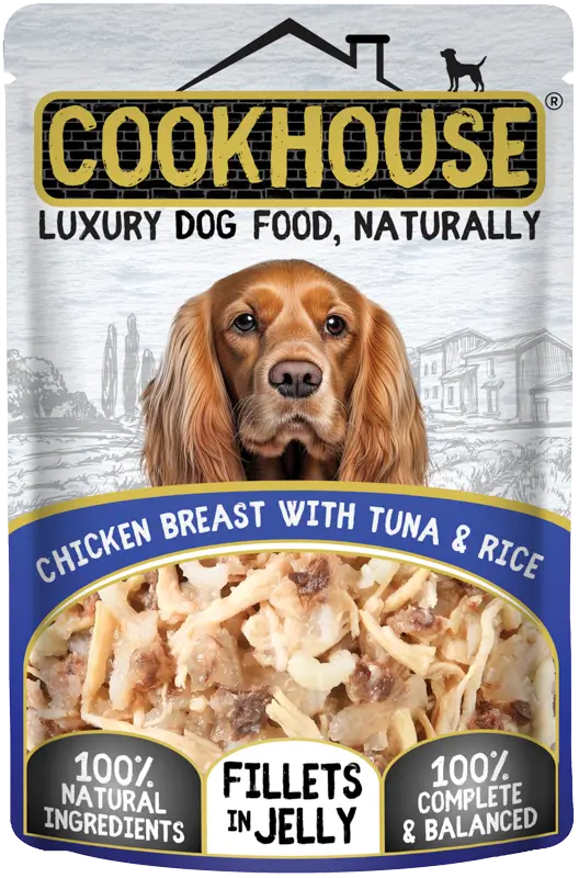 Cookhouse luxury dog food package with a dog on the label