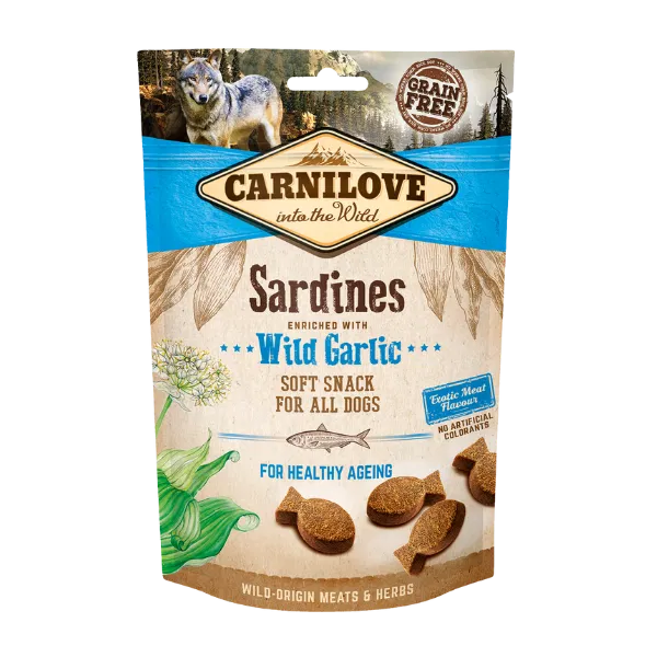 Image of the front of the 200g pouch of Carnilove Semi-Moist Soft Sardine with Wild Garlic dog treats. Back ground is of forests, mountains and a Wolf illustrating the wild ingredients.