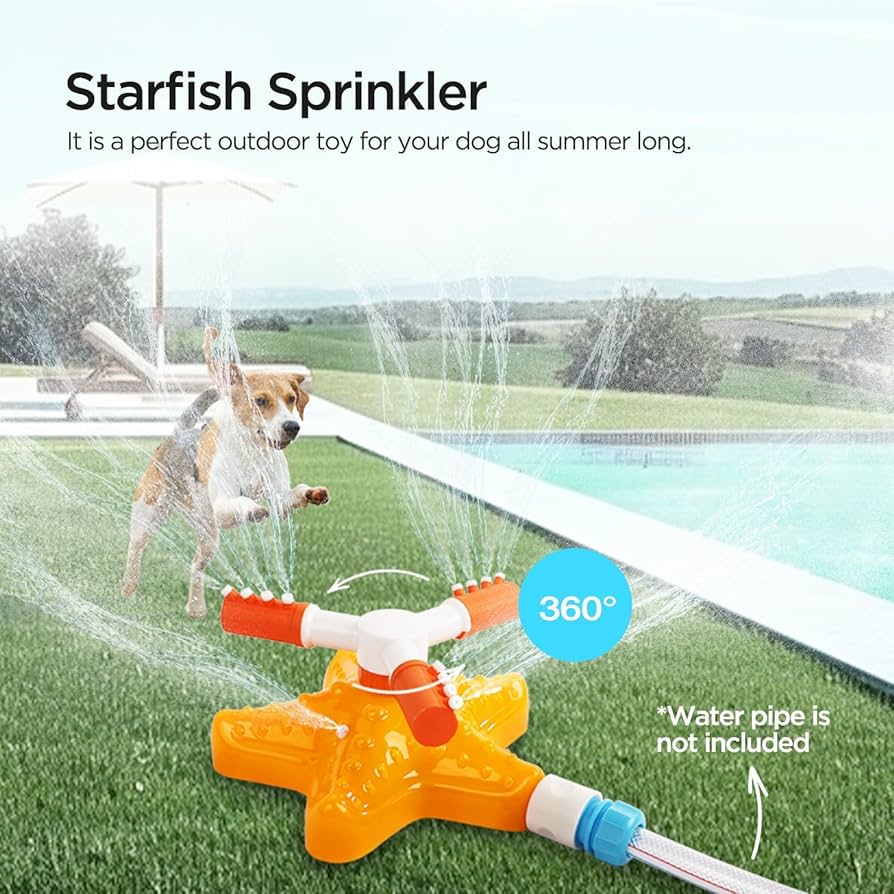 Starfish-shaped sprinkler with a dog playing in water, set against a poolside background.