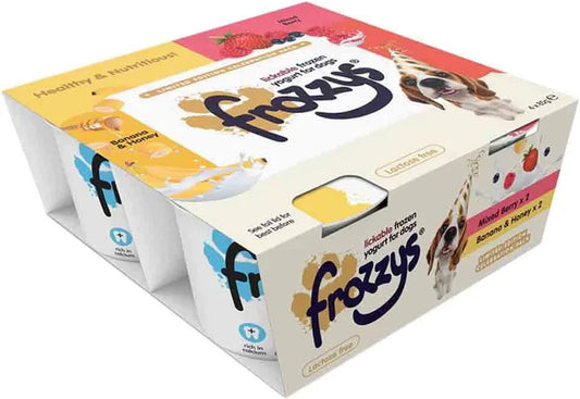 A 4-pack cardboard box of frozzys dog yogurt in Lemonade flavor, featuring a white background with colorful graphics of a dog and fruit illustrations.