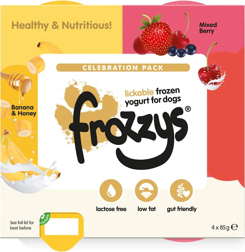 Frozzys Celebration Pack dog yogurt box, featuring banana and honey flavor alongside mixed berry flavor, with illustrations of fruits and a playful design.