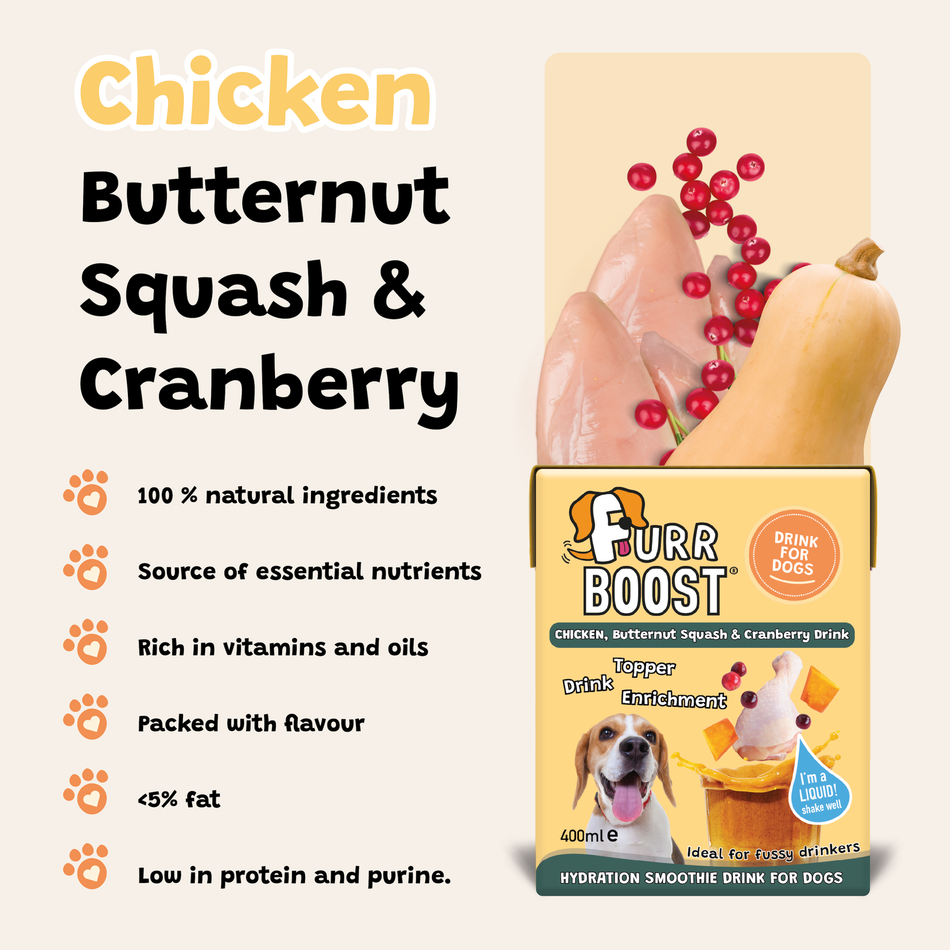 Furr Boost dog drink package with ingredients listed on a beige background