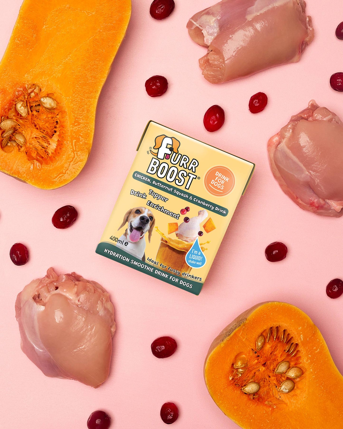 Furr Boost supplement box surrounded by chicken pieces, cranberries, and pumpkin on a pink background