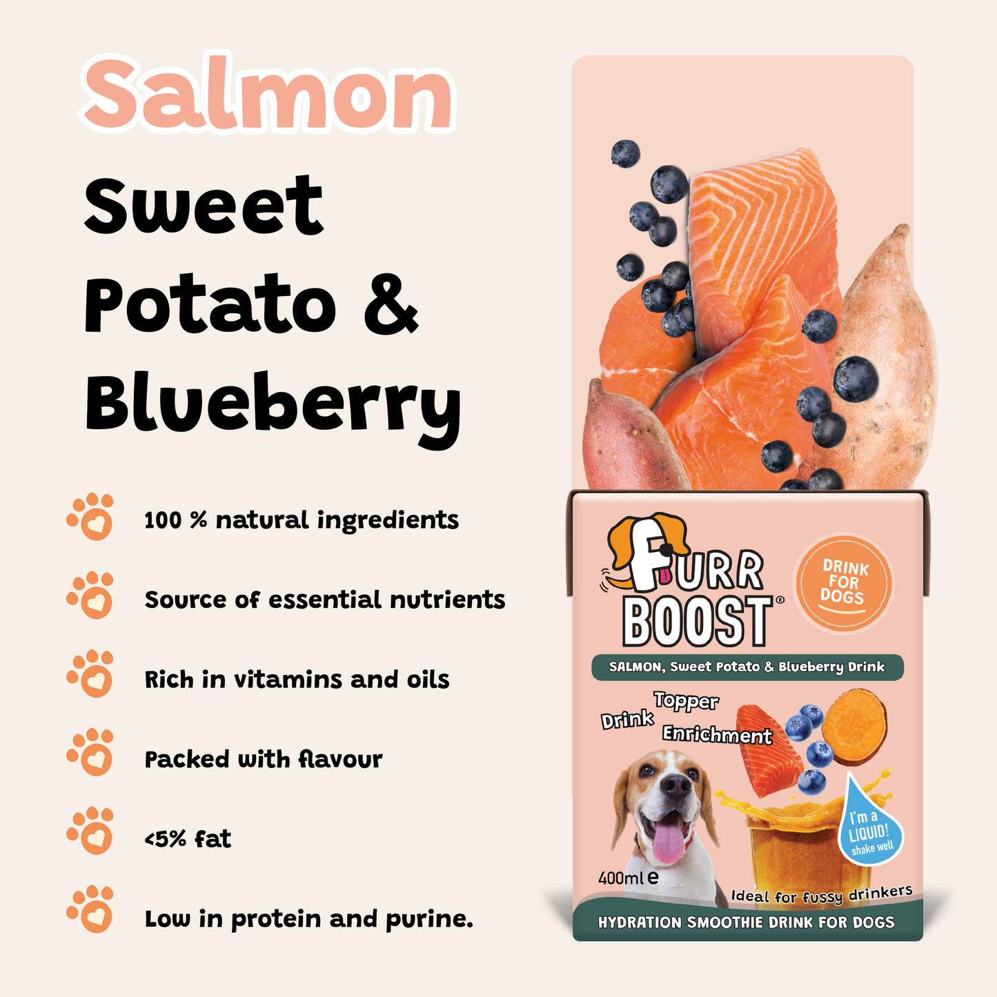 Furr Boost dog drink package with salmon, sweet potato, and blueberry illustration on a light pink background.
