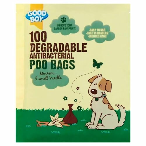 Good Boy 100 Degradable Antibacterial Poo Bags packaging with a cartoon dog and text on a yellow and green background. Text says Ã¢â‚¬Å“mmmmÃ¢â‚¬Â¦ I smell vanillaÃ¢â‚¬Â 
