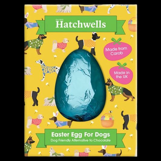 Easter egg for dogs, chocolate-like hollow egg wrapped in teal coloured foil. Boxed in a yellow box holding the egg and decorated with graphics of different dogs, Easter eggs and bunny ears