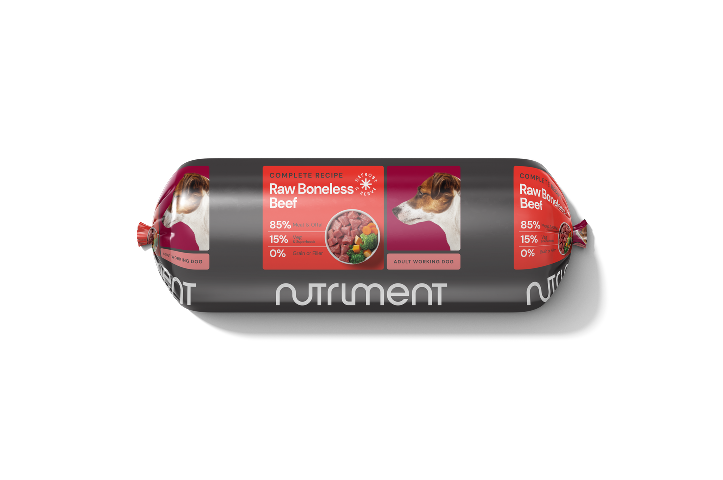 Nuttlement raw dog food roll with label on a white background