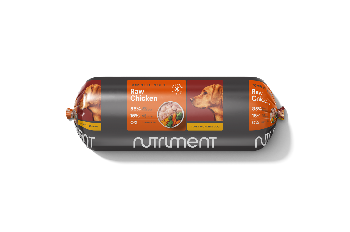 Dog food roll package with Nutriment branding on a white background