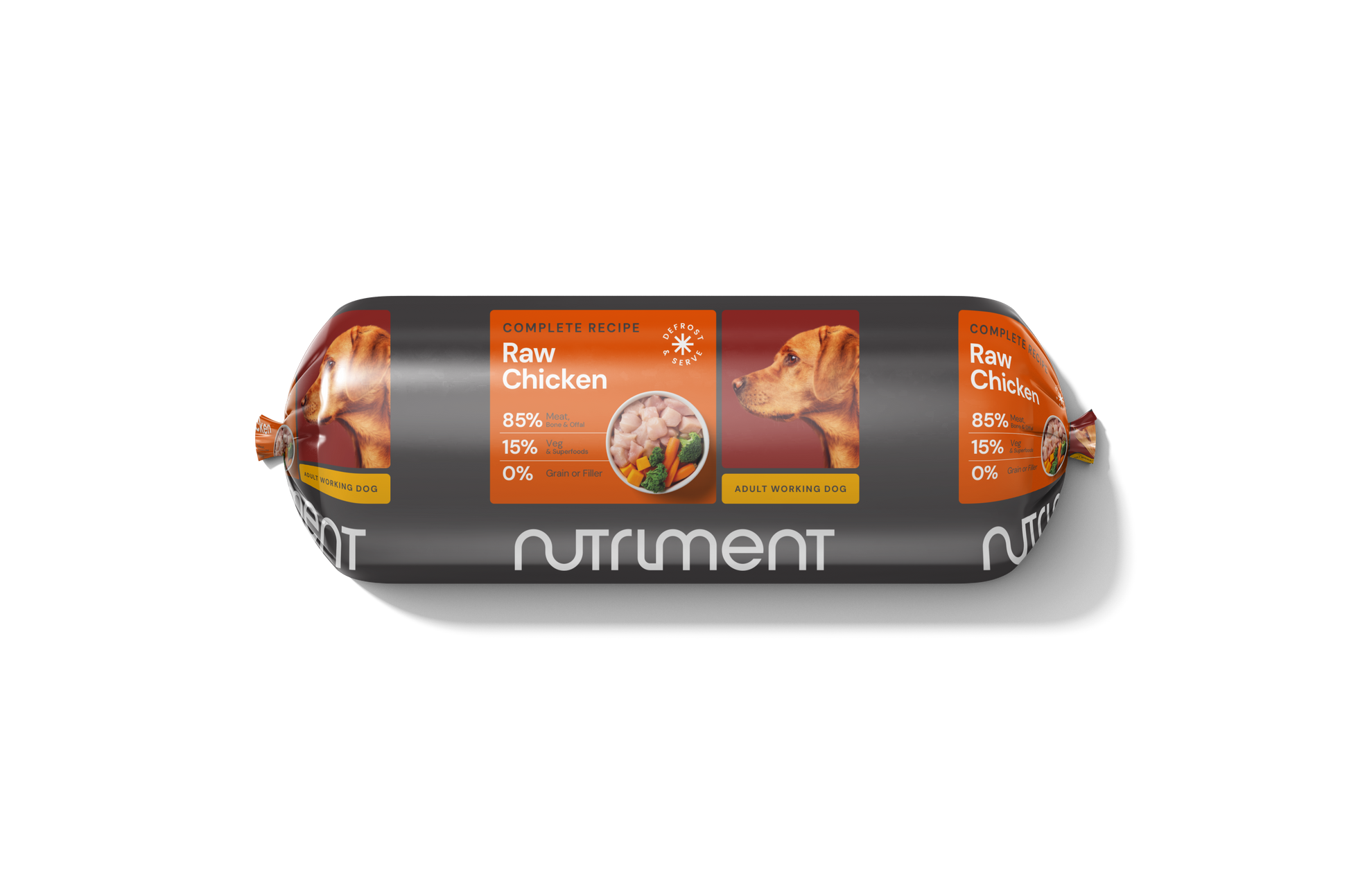Dog food roll package with Nutriment branding on a white background