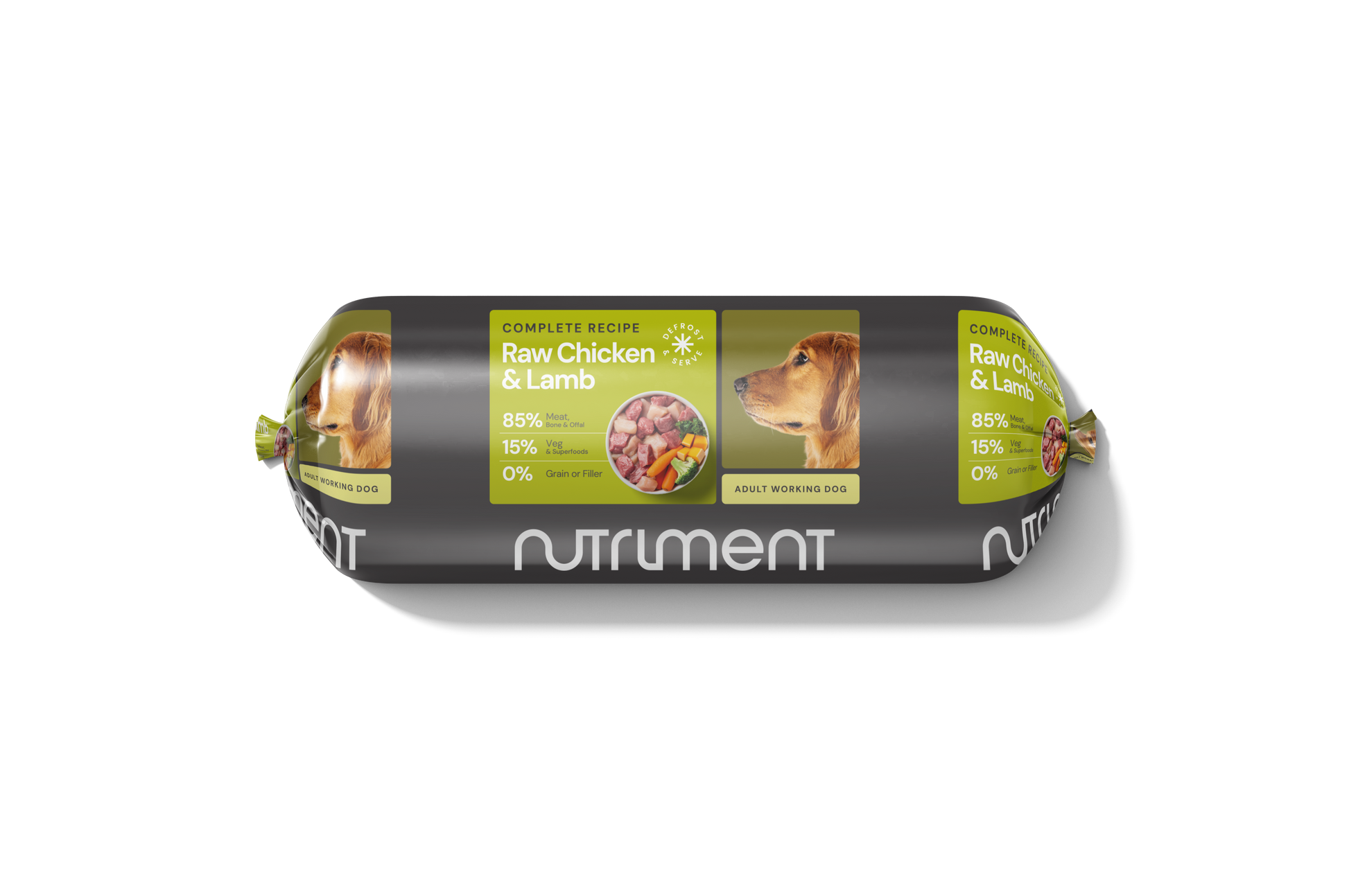 Dog food roll with Nutriment branding on a white background