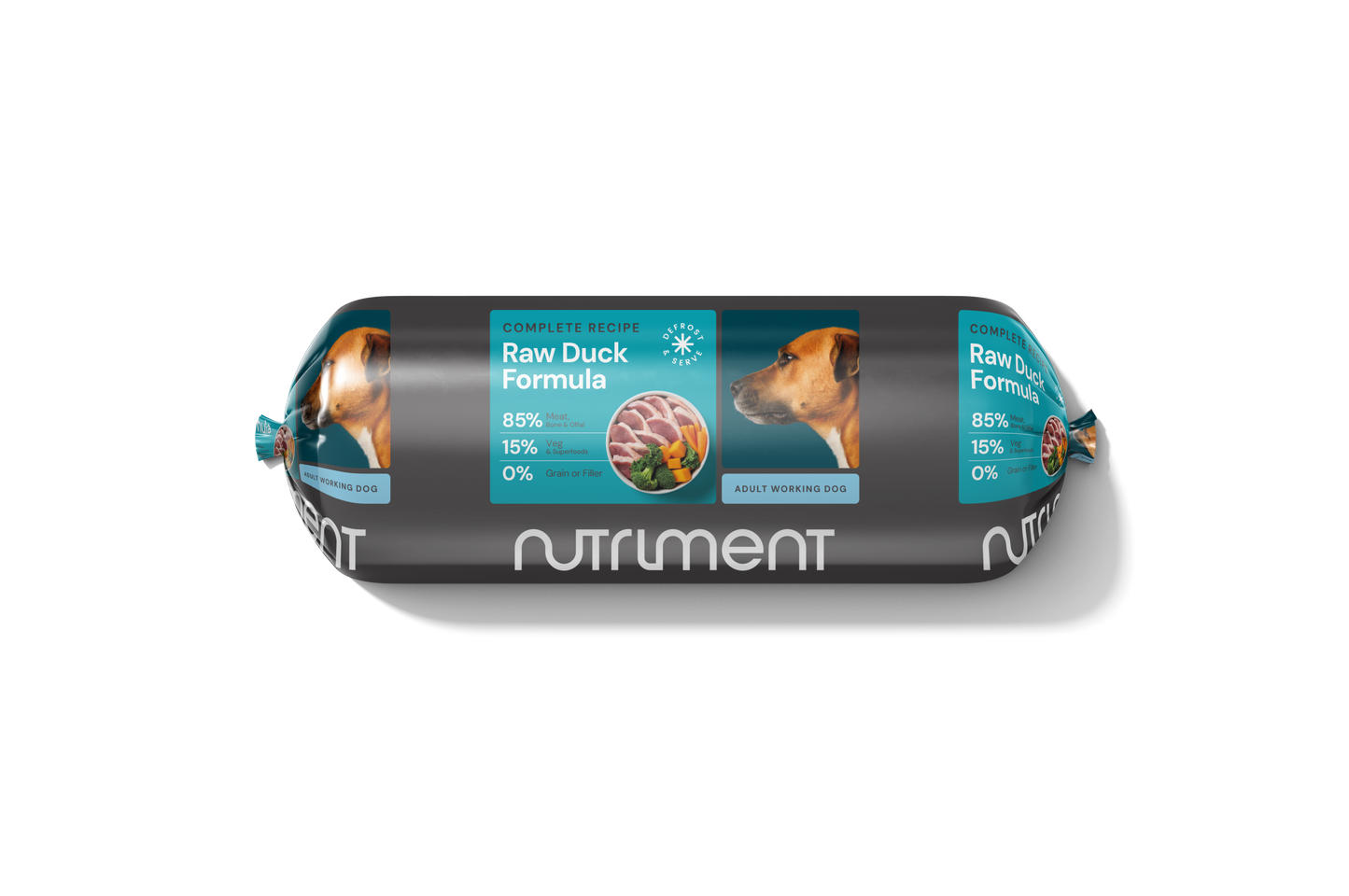 Dog food roll package with Nutriment branding on a white background