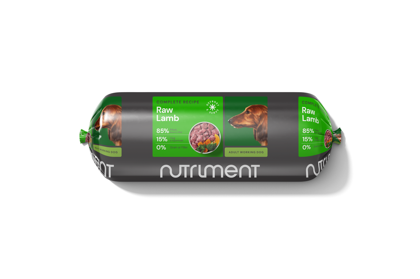Dog food roll package with Nutriment branding on a white background