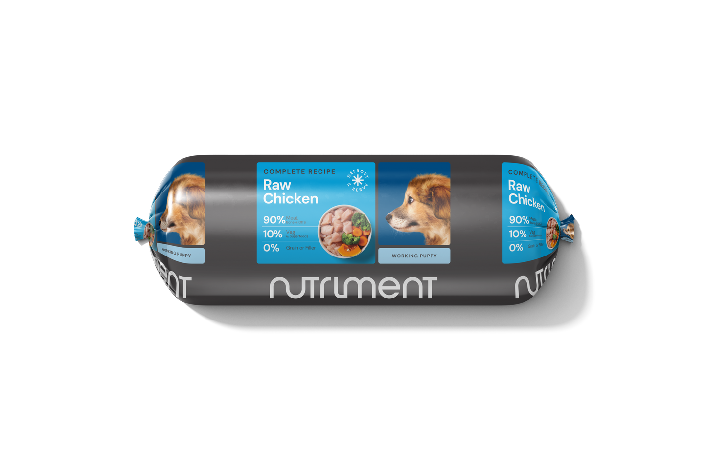 Dog food roll with Nutriment branding on a white background