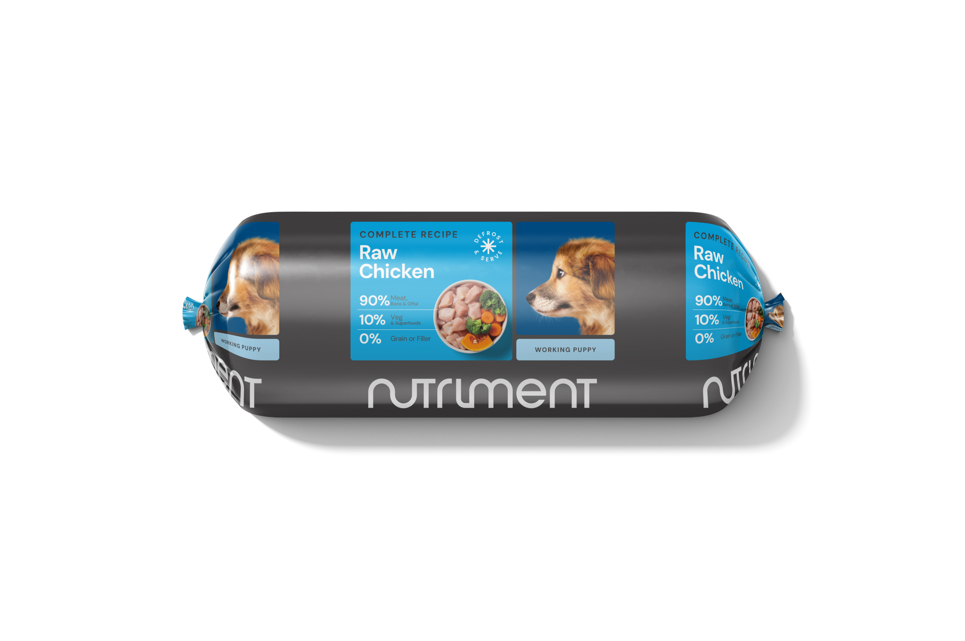 Dog food roll with Nutriment branding on a white background