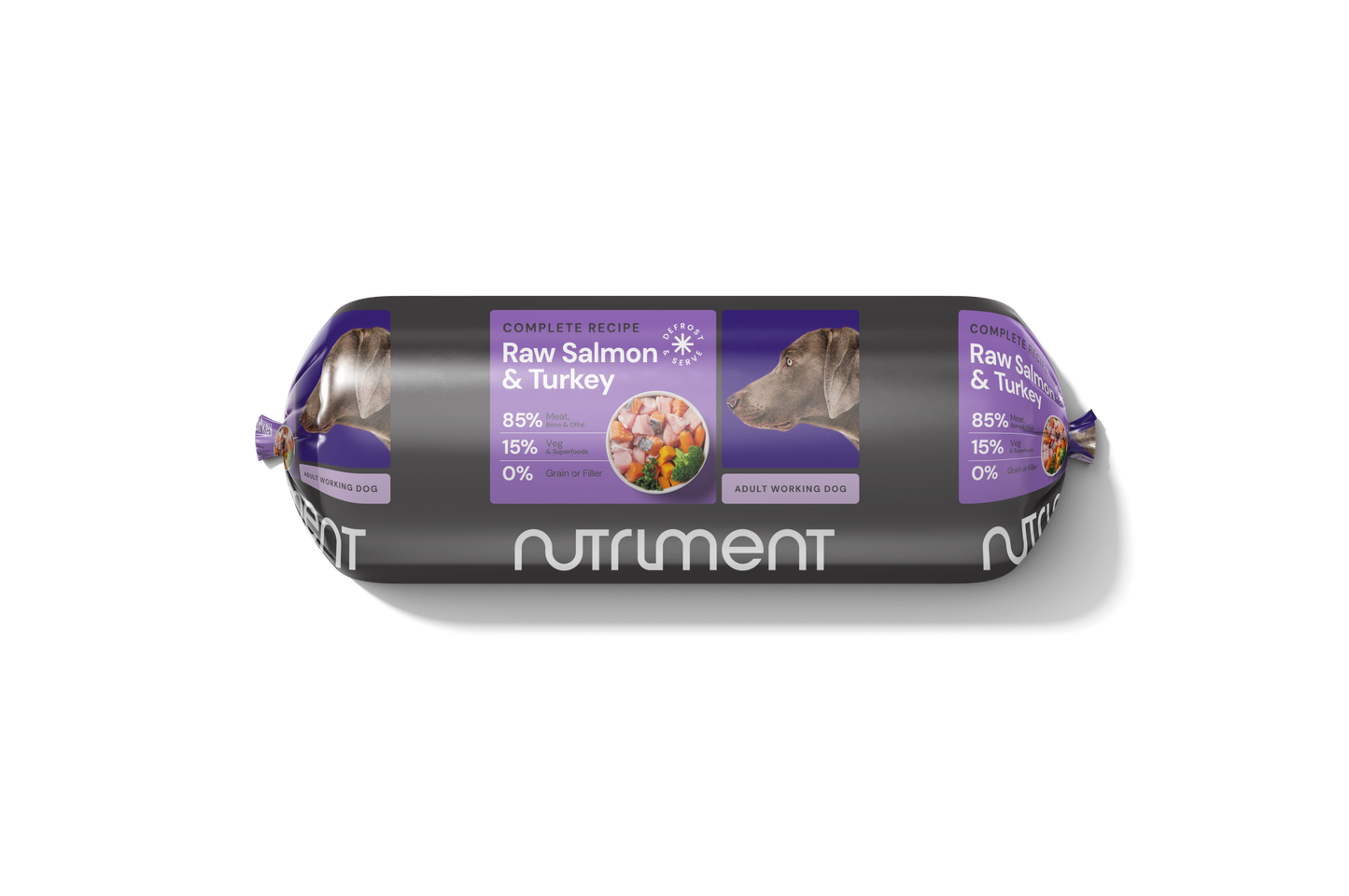 Dog food roll with Nutriment branding on a white background