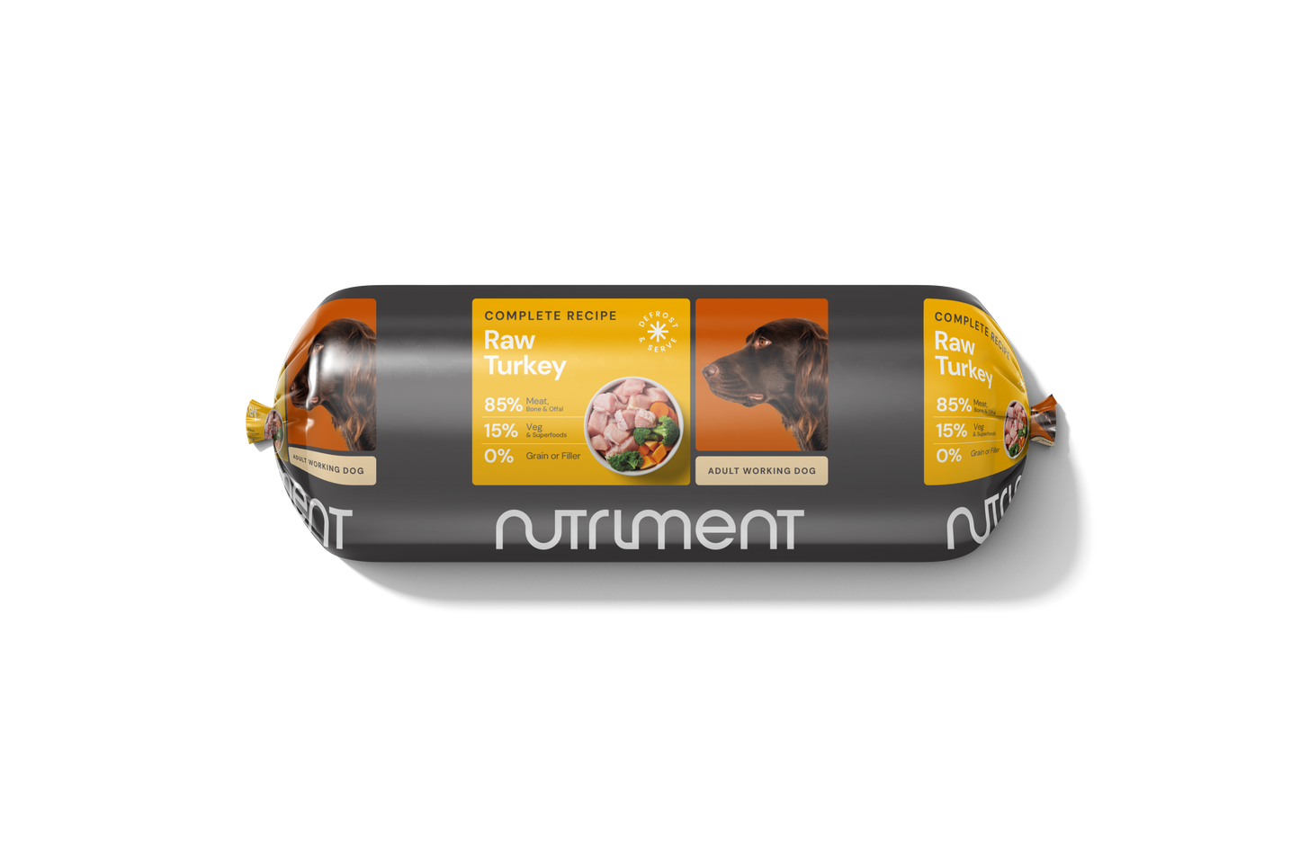 Dog food roll with Nutriment branding on a transparent background