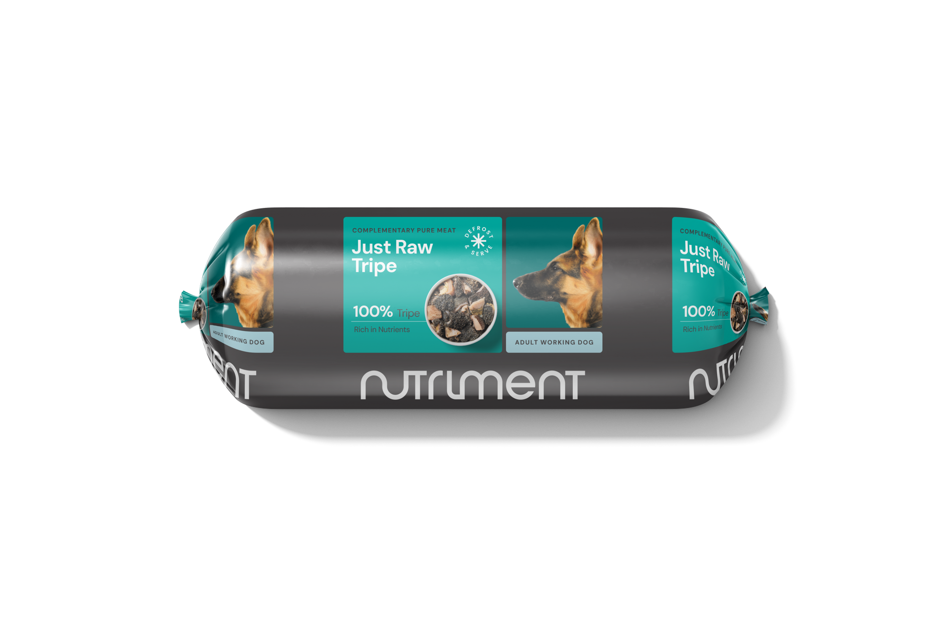 Roll of Nutriment Just Raw Tripe for dogs on a white background