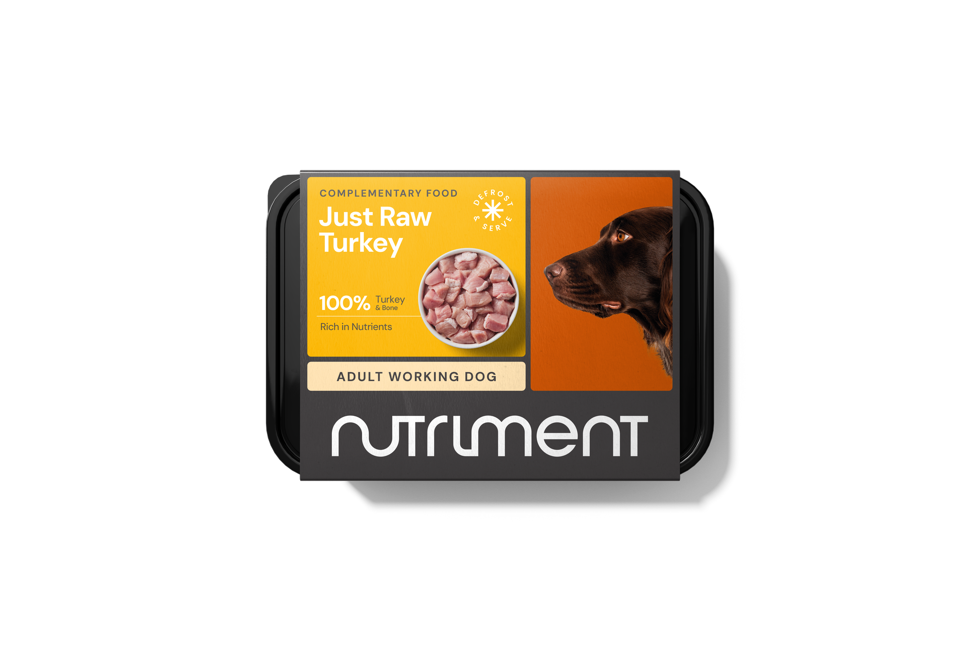 Dog food package labeled 'Just Raw Turkey' by Nutriment on a white background