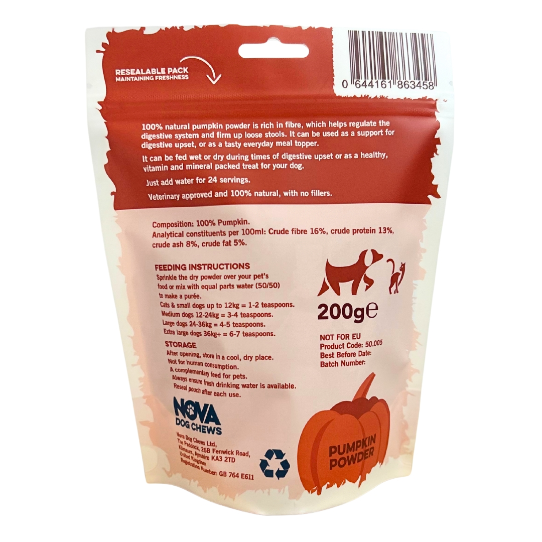 Back view of a Nova Dog Chews pumpkin powder package with text and branding.