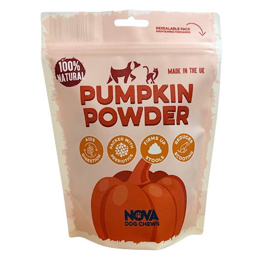 Package of Nova Dog Chews pumpkin powder on a white background