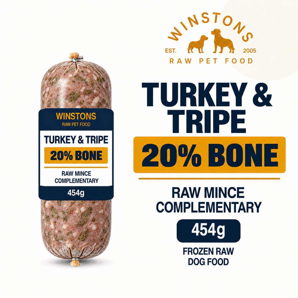 Winston's turkey and tripe raw dog food 454g chubb illustration clearly labelled 20% bone