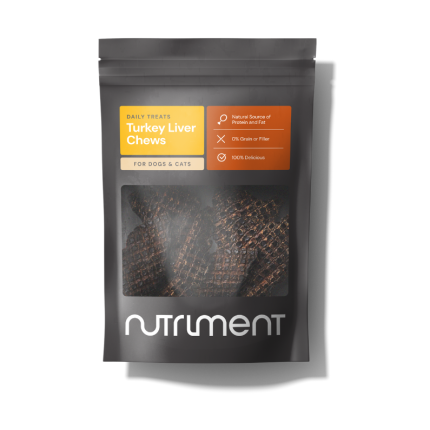 Packet of air dried dog treats from Nutriment. Window showing the air dried Turkey liver chews, then yellow & black pouch as the packaging 