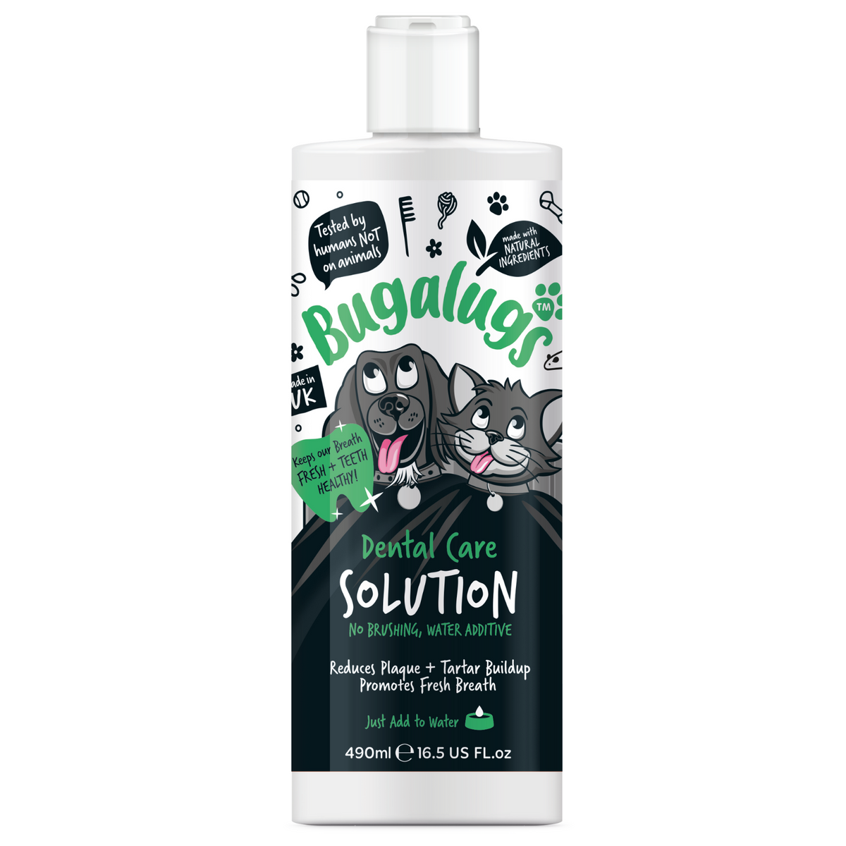 Bugalugs Dental Care Solution water additive for dogs and cats, 490ml bottle