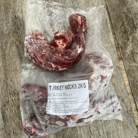 Bag of 3 frozen raw turkey necks in a bag
