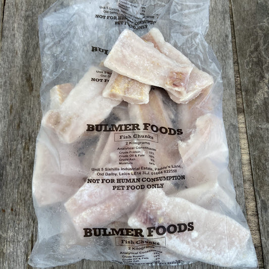 Bag of frozen raw white fish chunks labelled as Bulmer for pet food only