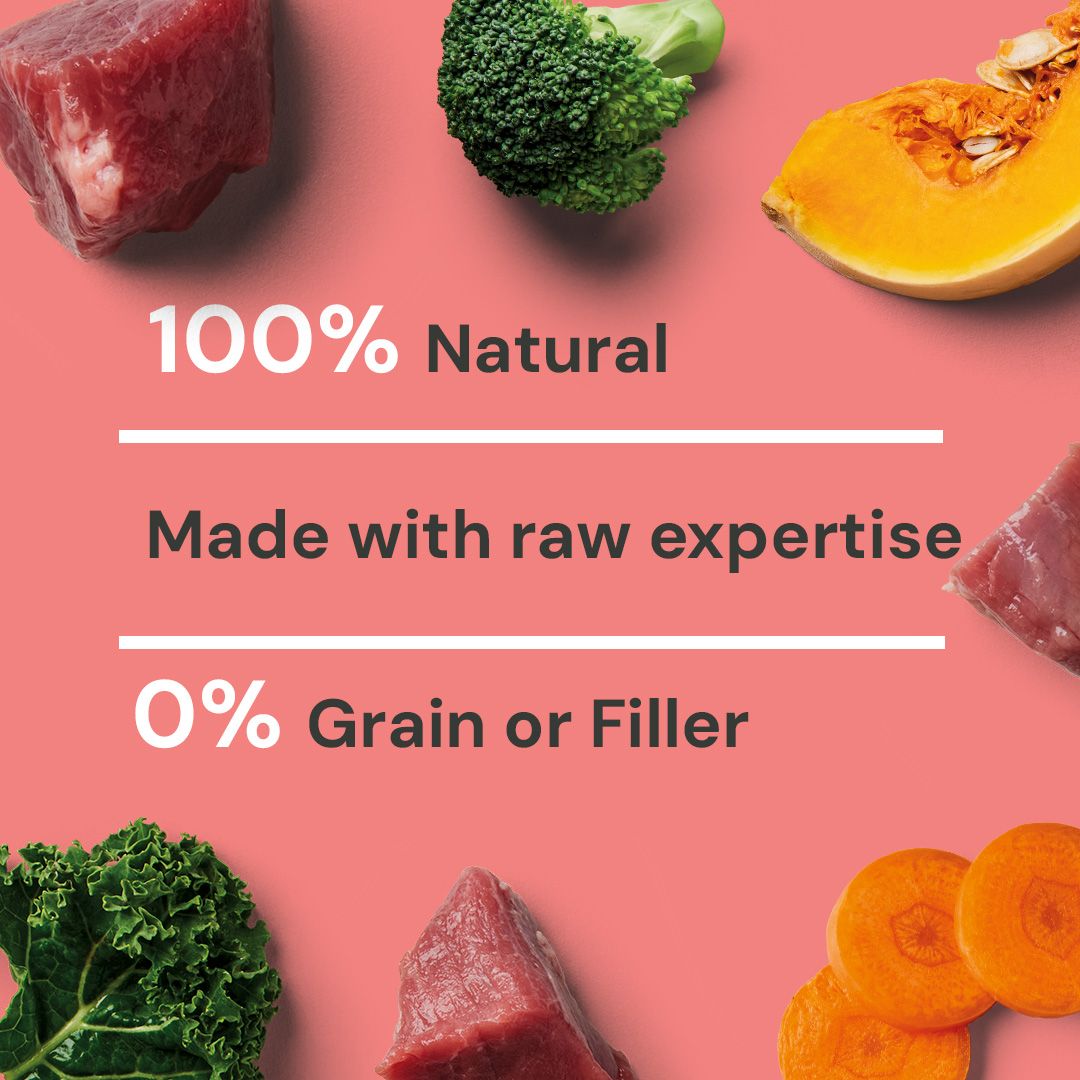 Raw food ingredients with text on a pink background