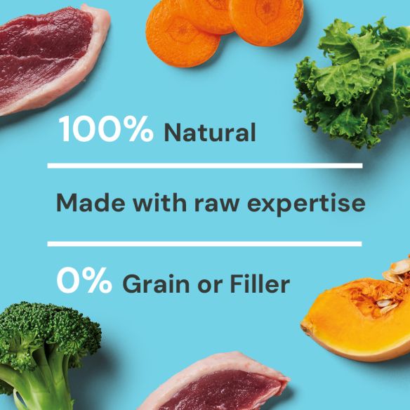 Assorted raw food items including meat, carrots, lettuce, broccoli, and pumpkin on a blue background with text about natural and raw ingredients.
