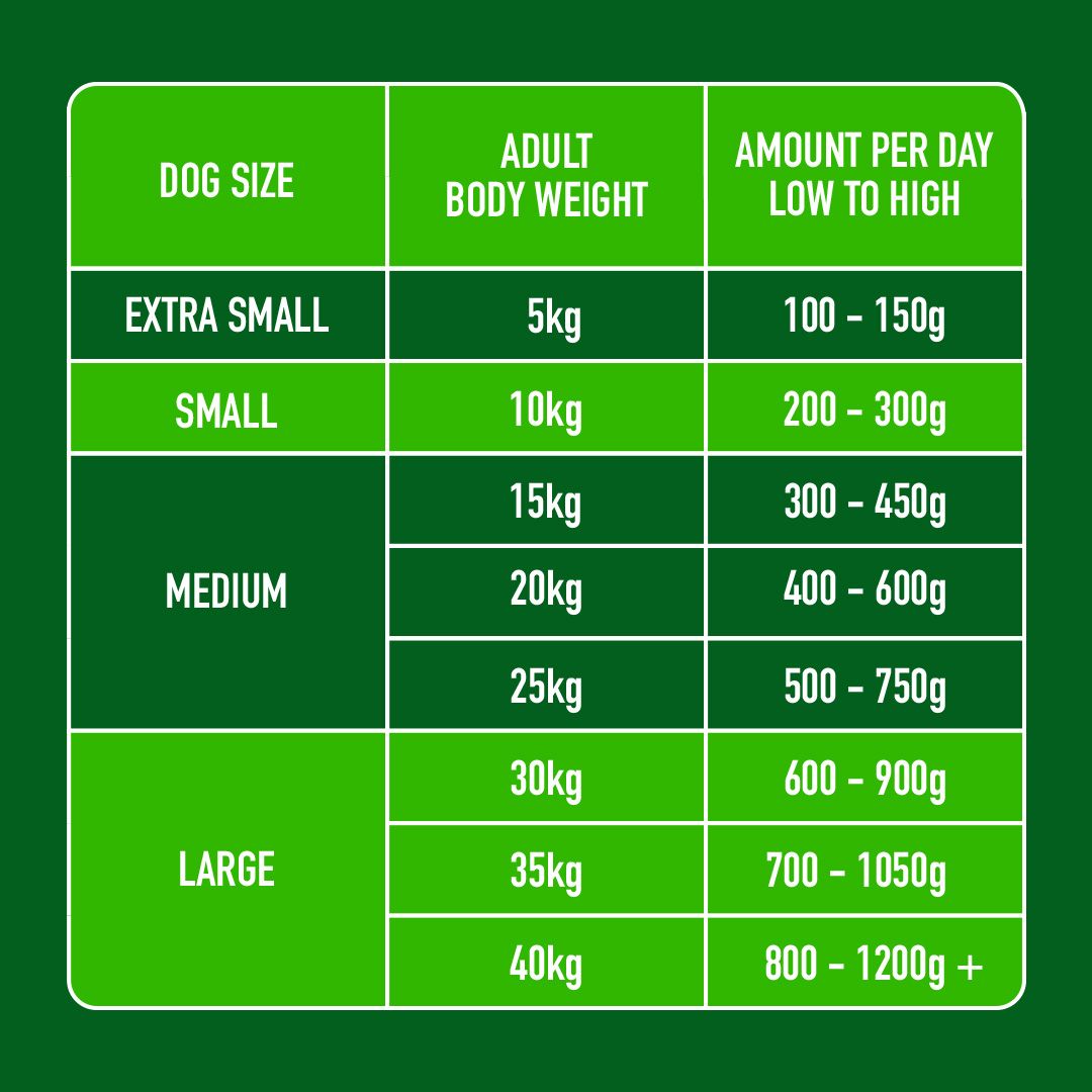 Dog food quantity chart on a green background