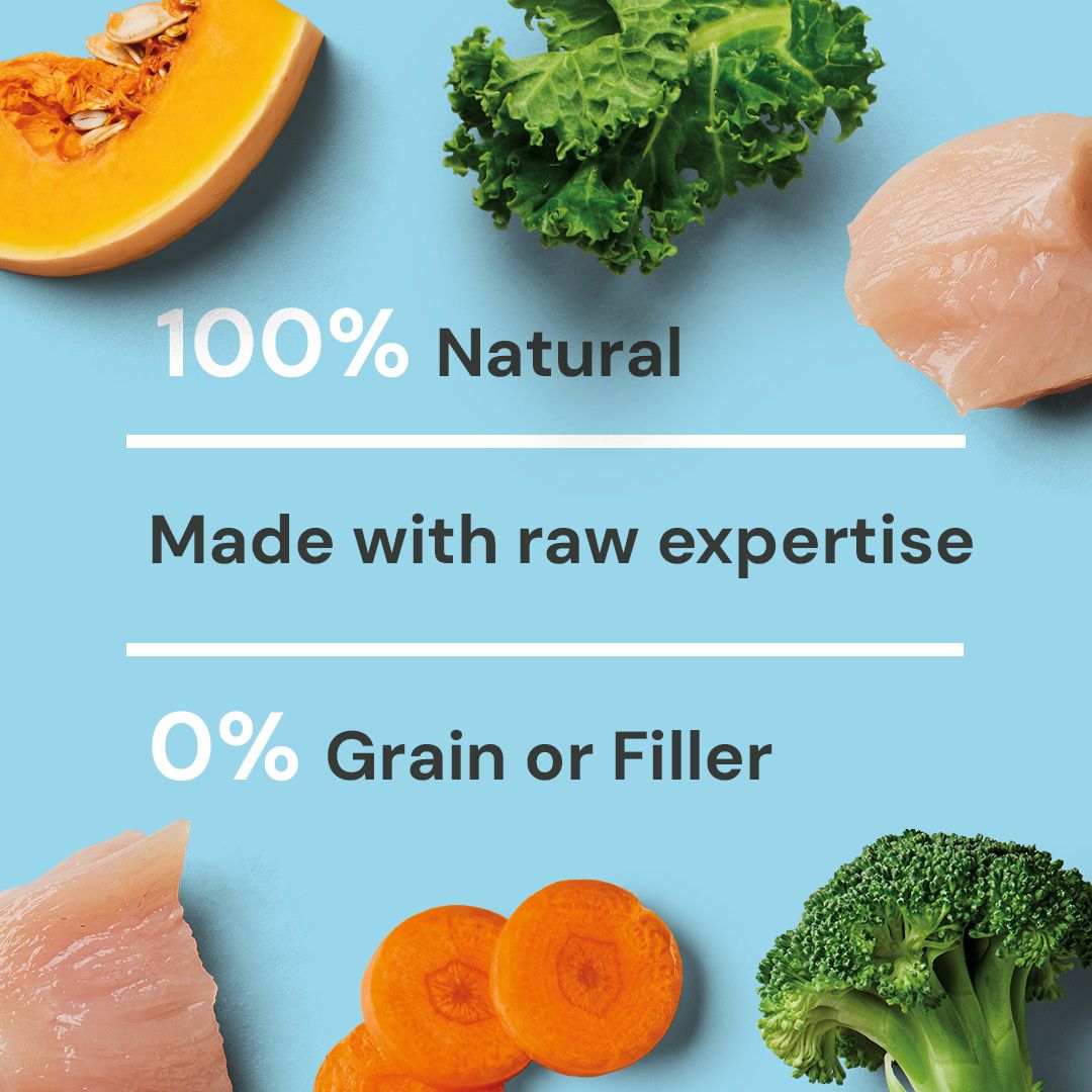 Raw ingredients like chicken, carrots, and broccoli on a blue background with text about natural and raw food.