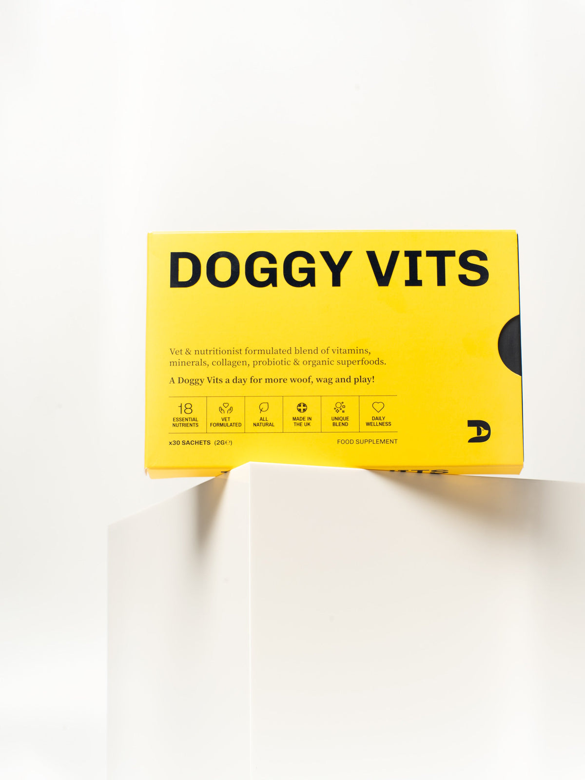 Doggy Vits Daily Wellness dog supplement box containing 30 individual 2g sachets