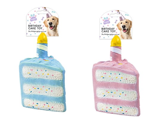Rubber birthday cake squeaky dog toy in assorted pink and blue