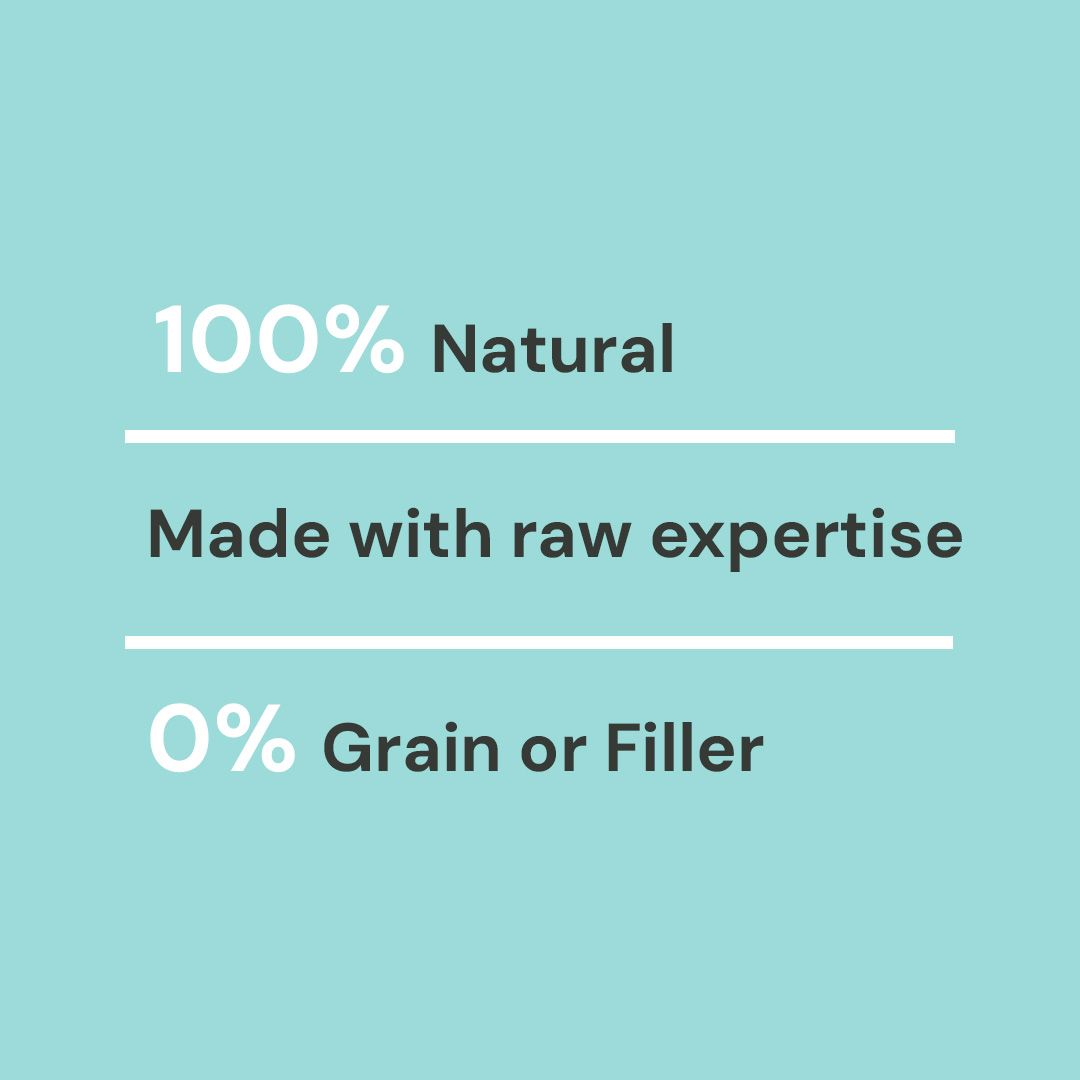 Text on a light blue background stating '100% Natural, Made with raw expertise, 0% Grain or Filler'.