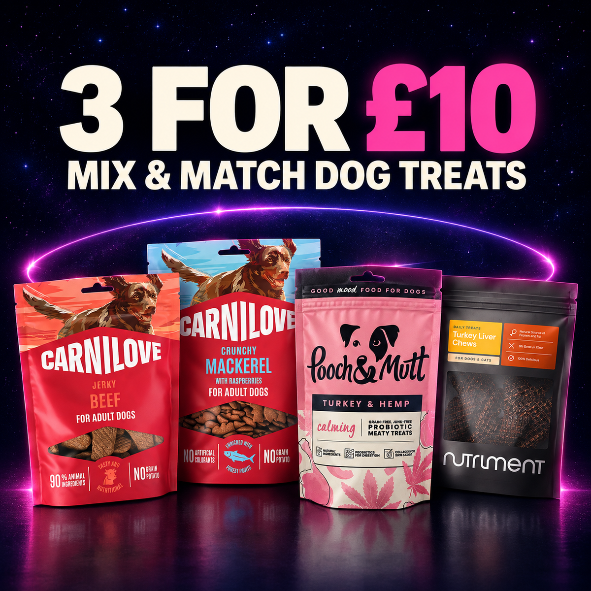 Mix and match selected dog treats, three for ten pounds